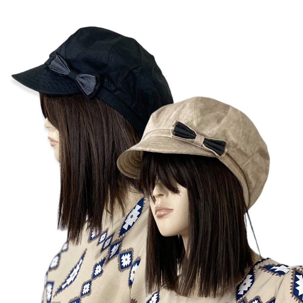 Black Linen Gingham Bow Cabbie Newsboy Hat NEW